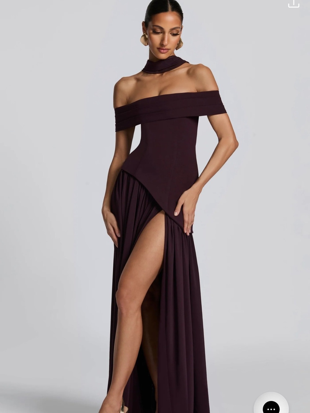 BABYBOO Off-Shoulder Plum Evening Gown with High Slit
